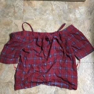 Red plaid off shoulder crop top